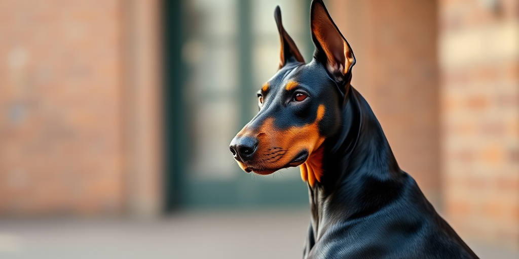 photograph a Doberman sitting elegantly with a slight head turn, 50mm lens, f/2.8 aperture, ISO 100, natural lighting, shallow depth of field, DSLR camera