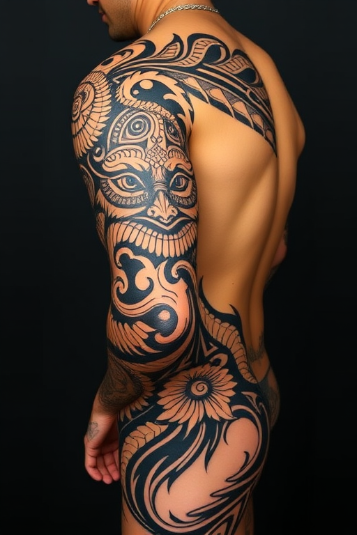 Fierce neo-polynesian tribal tattoo with bold black lines and intricate patterns, incorporating traditional symbols and modern elements, flowing from shoulder to hip in a powerful display