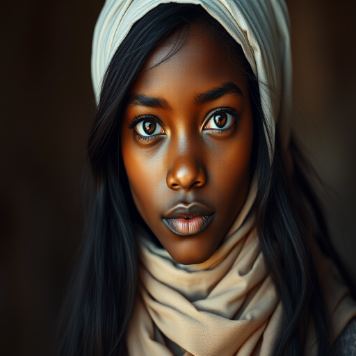 Create a portrait of a young Afro-Caribbean female with long, dark hair and captivating hazel eyes. She is wearing a white headscarf and a matching scarf draped gracefully around her neck. The background is softly blurred, focusing attention on her serene and natural expression. The overall color palette is muted and warm, enhancing the intimate and authentic feel of the portrait.