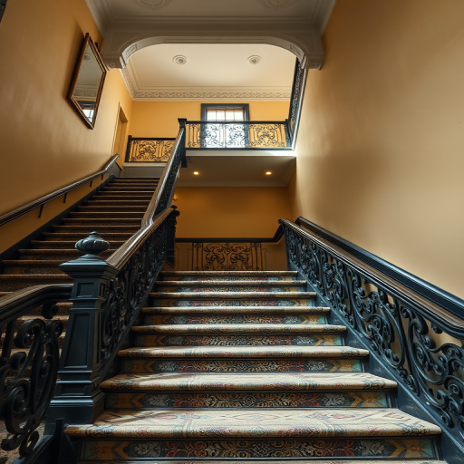 Create a highly detailed image of an elegant staircase with ornate railings, captured with a Canon EOS R5, 24mm lens, aperture f/8, ISO 100, in natural daylight, showcasing a sharp focus and wide-angle perspective.