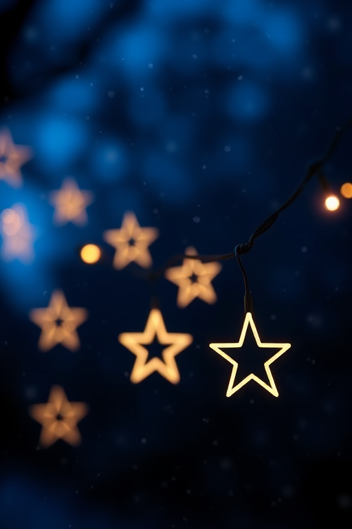 Generate an image of a nighttime scene with soft bokeh lights in the background. Include string lights shaped like stars, softly glowing against a dark blue backdrop. Add a gentle snowfall effect to enhance the magical atmosphere.