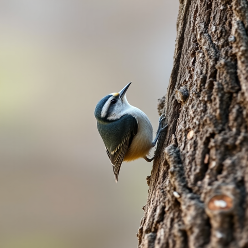 A nuthatch perched on a textured tree trunk, captured with a Canon EOS 5D Mark IV at f/4, ISO 400, 1/200 sec, in a close-up view with natural lighting for enhanced detail and clarity.