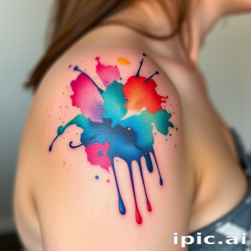 Whimsical watercolor splatter tattoo on the shoulder, featuring an abstract explosion of vibrant hues and flowing paint splatters, creating a unique and artistic representation of color in motion