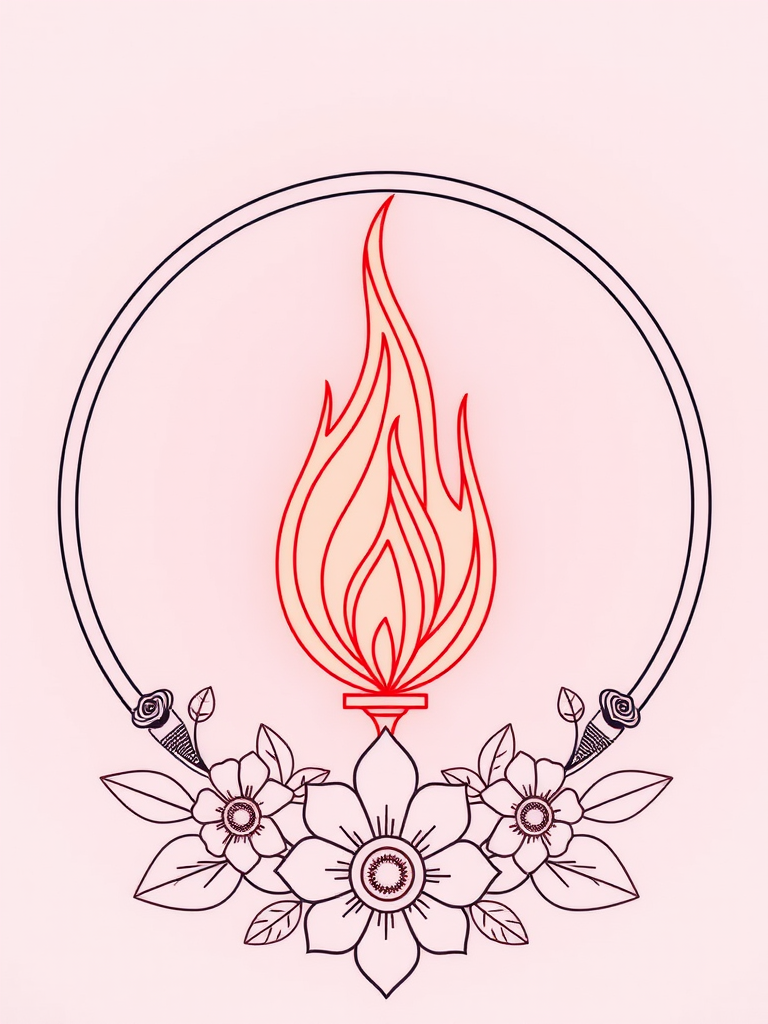 Create an intricate line art illustration of a flame inside a circular border with floral designs at the base, captured with a Canon EOS R5, 50mm lens, f/1.8 aperture, ISO 100, 1/200 sec exposure, in high-resolution portrait orientation.