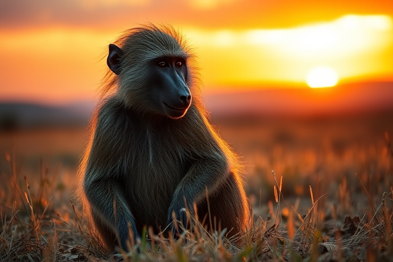A close-up shot of a baboon sitting on a grassy landscape during golden hour, taken with a Canon EOS R5, 85mm lens, aperture f/1.8, ISO 200, 1/200s, capturing fine details in fur and vibrant colors in the background.