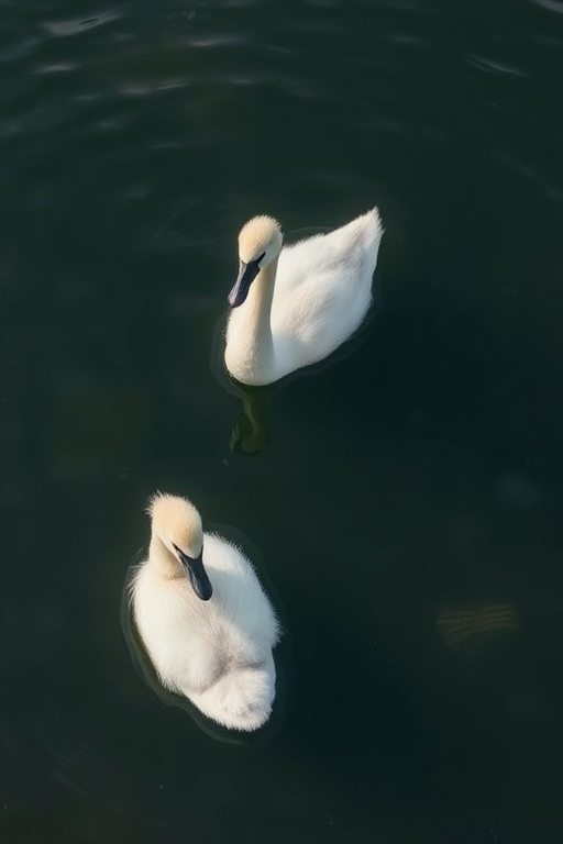 capture two cygnets swimming in calm water with soft ripples, use a shallow depth of field, natural lighting, 50mm lens, f/2.8 aperture, ISO 200, shutter speed 1/500 sec, top-down view for a serene perspective