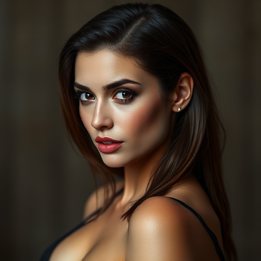 Sultry mahogany-haired seductress sporting a sleek, wet-look style with a deep side part and tucked-behind-ear finish