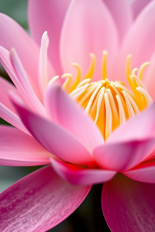 Close-up macro photograph of a water lily with soft pink petals and a vibrant yellow center, natural lighting, 50mm lens, aperture f/2.8, ISO 100, shutter speed 1/200 sec, DSLR camera, shallow depth of field.