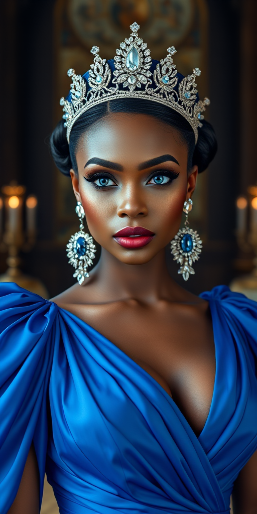 A gorgeous Zambo woman in a luxurious blue gown, accessorized with a dazzling tiara and statement earrings, her deep blue eyes highlighted by impeccable makeup, poised in a royal setting, photorealistic, 8K quality