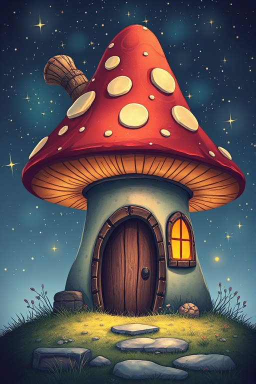generate illustration of a mushroom house with a door and a window, a storybook , fantasy art, mushroom house, bg starry sky, sparkles