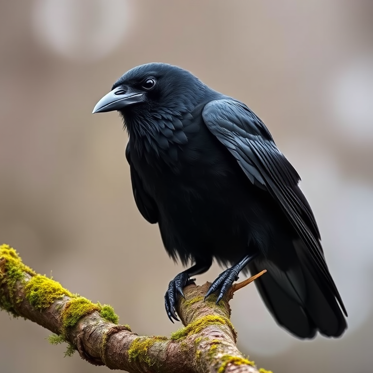 A detailed close-up of a raven perched on a mossy branch, captured with a DSLR camera at f/4, 1/250 sec, ISO 400, using a telephoto lens from a low angle to emphasize the bird's sharp features and glossy feathers with a blurred background.