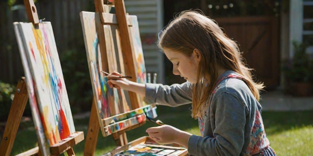 Blurry candid shot of a young girl painting at an easel in a sunlit backyard, with colorful splashes of paint on her clothes and soft shadows playing in the background.