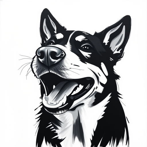 Abstract black and white acrylic portrait of an over exaggerated laughing (dog). Minimalism style. White background.