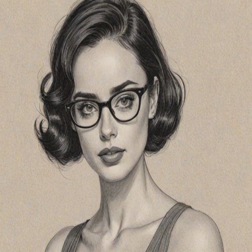 Exquisite Krysten Ritter, pencil sketch, portrait of Fetching woman 1950s in glasses, hair style beatnik, outline, clear lines, fine lines, 8k