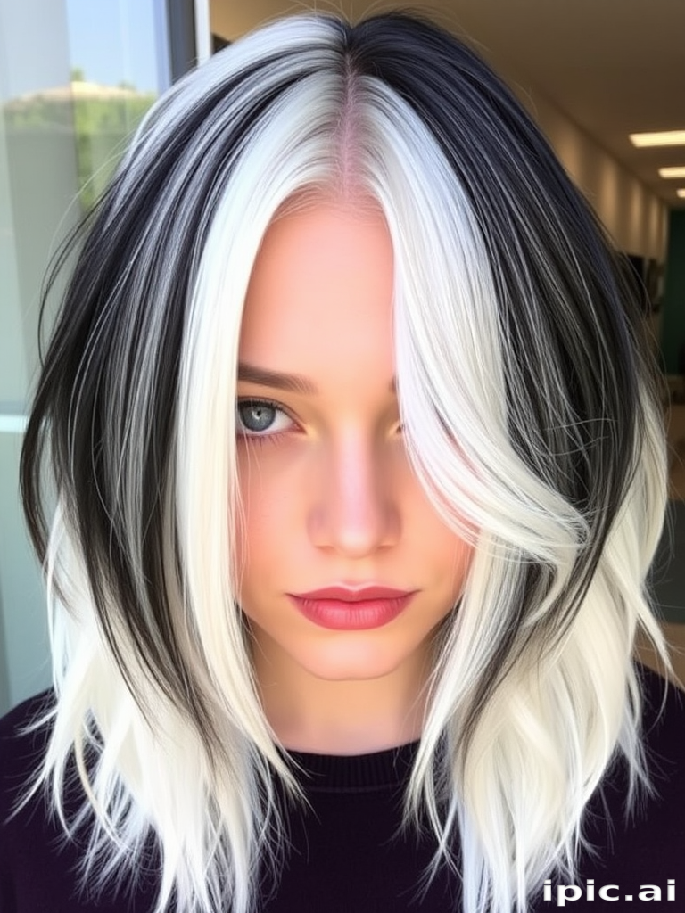 Striking platinum and onyx two-tone hairstyle called "Yin Yang Harmony" features a perfectly balanced split down the middle, showcasing contrasting textures and lengths