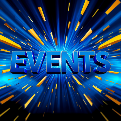 Create a 3D graphic design featuring the word "EVENTS" in bold letters, surrounded by dynamic golden shards and a burst of blue light, shot with a Canon EOS R5 at f/2.8, ISO 100, 1/200 sec, at a 24mm focal length using a wide-angle lens for impactful depth and clarity.