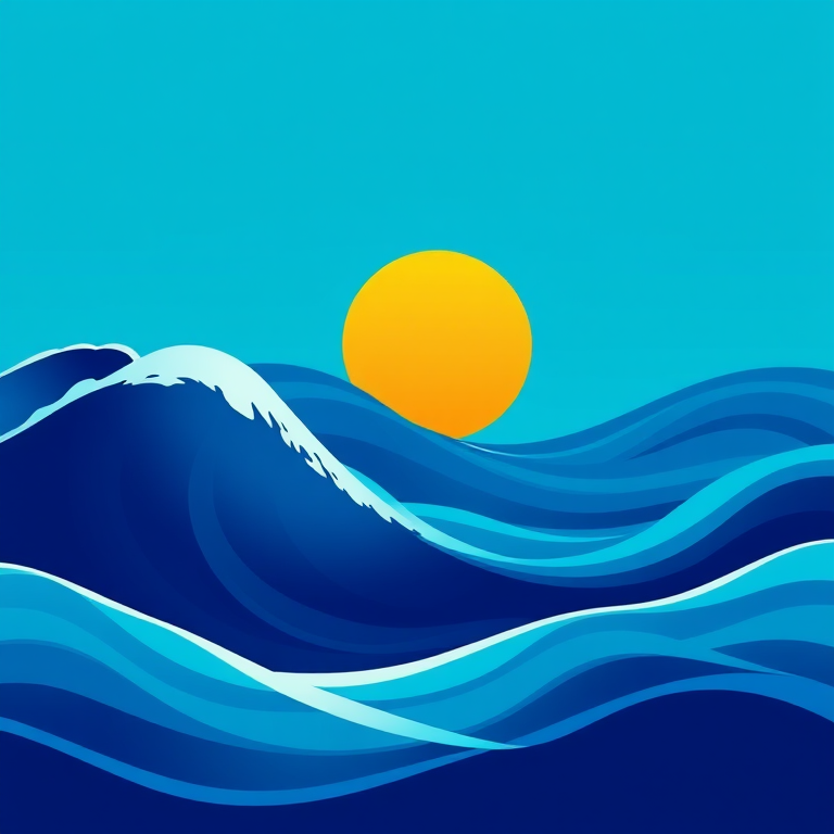 Create a vector-style image of abstract waves in different shades of blue with a stylized sun above, shot with a Canon EOS R5 at f/8, ISO 200, 24mm lens, in landscape orientation for vibrant color contrast and clarity.