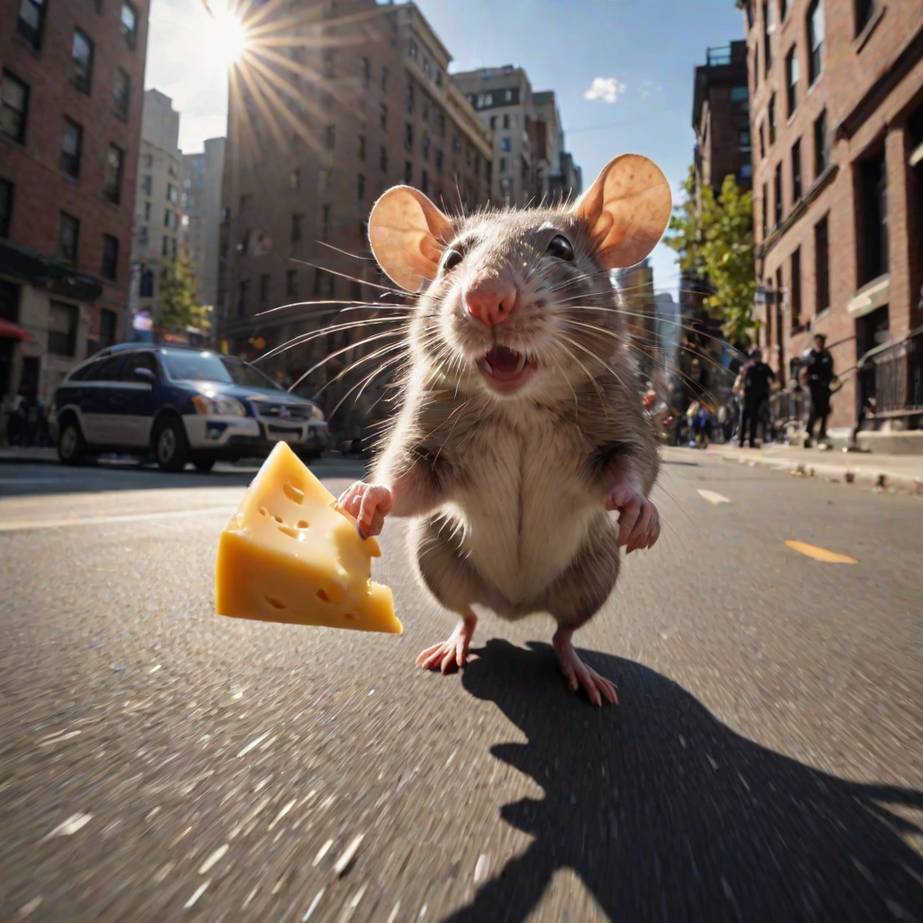 rat holding cheese is (running:1.05) to the viewer, (motion blur:1.1), (police running:1.2), (dynamic:1.1), sun rays, newyork, (taken by go pro:1.3), (taken by 7.5mm fisheye lens:1.1)