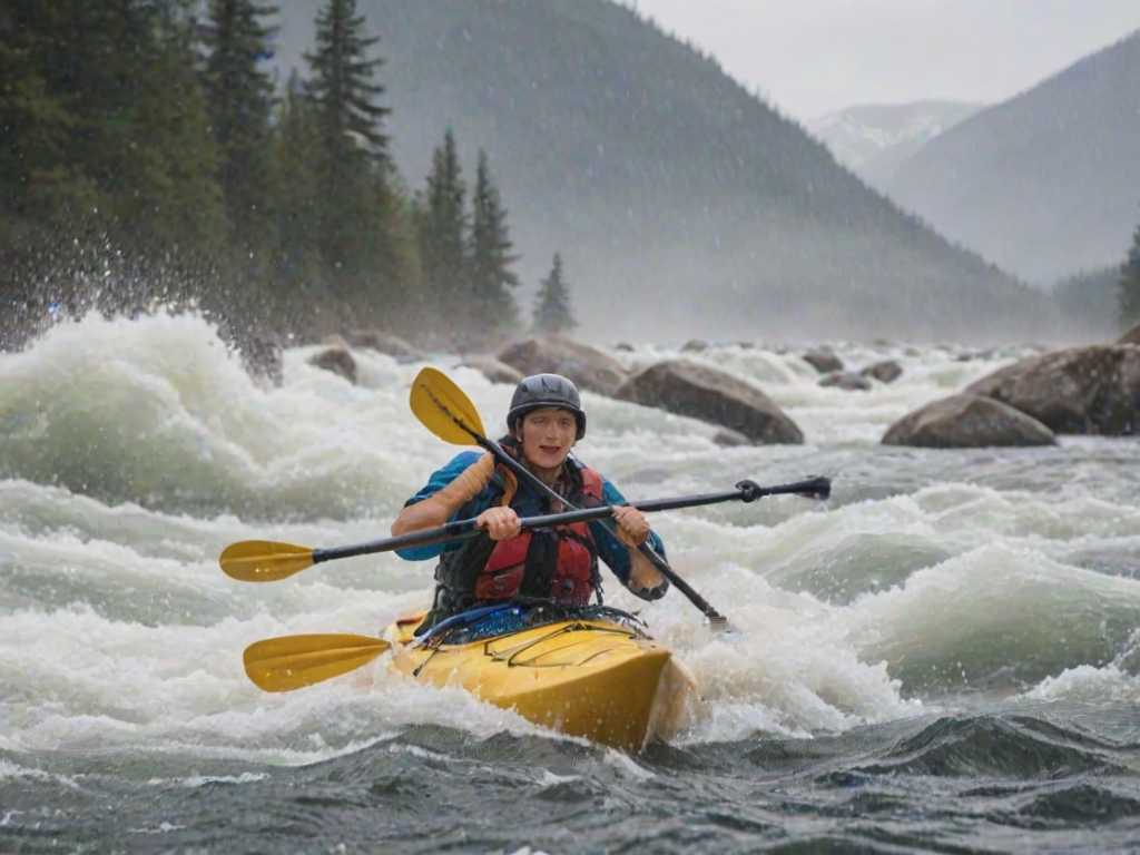 Blurry action shot of a kayaker navigating through whitewater rapids, water splashing up from the sides of the kayak, with distant mountains barely visible through the mist and soft light from an overcast sky.