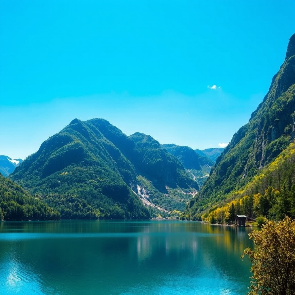 Generate a vibrant landscape image featuring a serene lake surrounded by lush green mountains under a clear blue sky, captured with a Canon EOS R5 at f/8, ISO 100, with a 24mm lens and a wide-angle view to enhance depth and clarity.