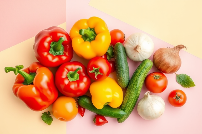 Create a vibrant illustration of assorted vegetables including red and yellow bell peppers, tomatoes, cucumbers, and onions arranged playfully on a pastel geometric background, using a DSLR camera with a 50mm lens, f/1.8 aperture, ISO 200, and soft natural lighting to enhance the colors and details.