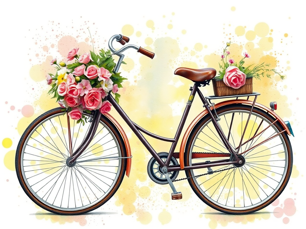 Create a vibrant watercolor style illustration of a vintage bicycle adorned with blooming flowers and greenery against a bright, splattered background, captured with a DSLR camera using a 50mm lens, aperture f/2.8, shutter speed 1/200s, ISO 100, focusing on the bicycle with a shallow depth of field to emphasize the details of the flowers.
