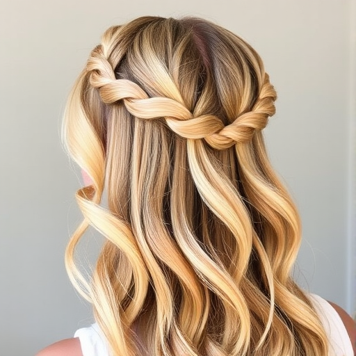 Golden blonde crown braid transitioning into loose, sun-kissed waves cascading down the back, embodying the essence of a summer goddess called Solaris Mane
