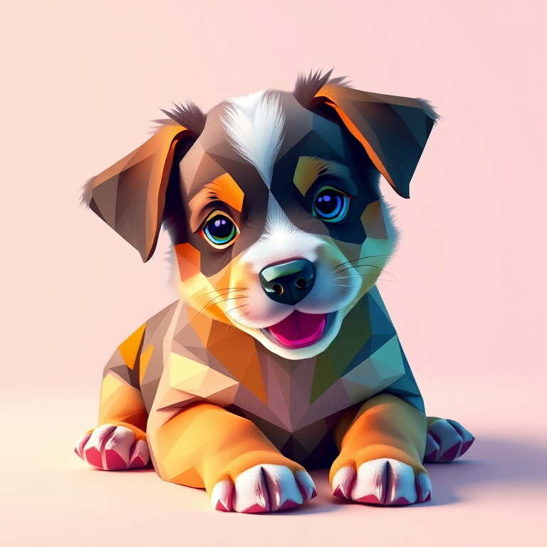 Create a vibrant low-poly illustration of a playful puppy with a colorful geometric design, shot with a Canon EOS R5 at f/8, ISO 100, 50mm lens, using a flat lay perspective to enhance the details and colors.