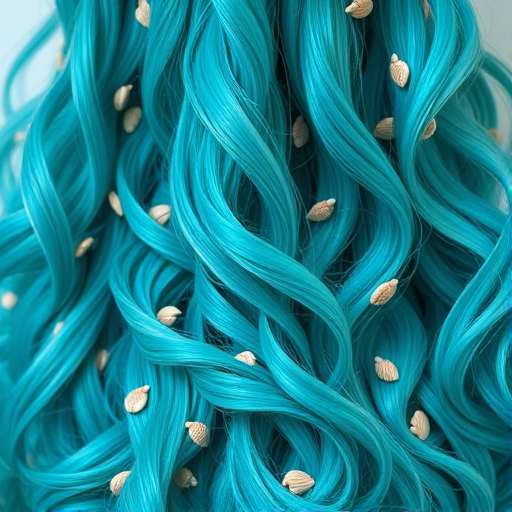 Vibrant teal mermaid waves cascade down to the waist, shimmering with iridescent highlights and adorned with tiny seashells, capturing the essence of the ocean's depths