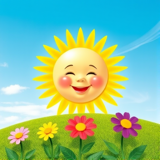 Create an image shows a bright, sun with a smiling baby's face in the center, radiating soft yellow rays. The sun is set against a clear blue sky with a few wispy clouds. Below, there's a lush green grassy hill with colorful, oversized flowers, giving the scene a whimsical, playful atmosphere.