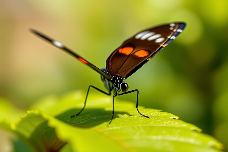 Close-up shot of a butterfly perched on a green leaf, shallow depth of field, f/2.8 aperture, 1/200 sec shutter speed, ISO 100, taken with a macro lens at eye level, natural light for vibrant colors.