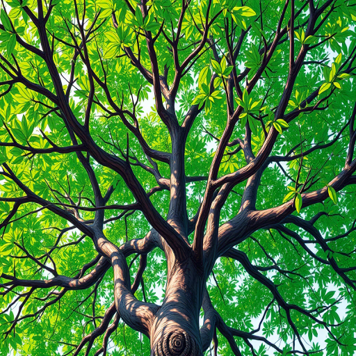 Create a detailed illustration of a tree with intricate branches and vibrant green leaves, captured with a DSLR camera at f/8, ISO 200, 50mm lens, top-down view, using a high-resolution digital art style for enhanced clarity and color vibrancy.
