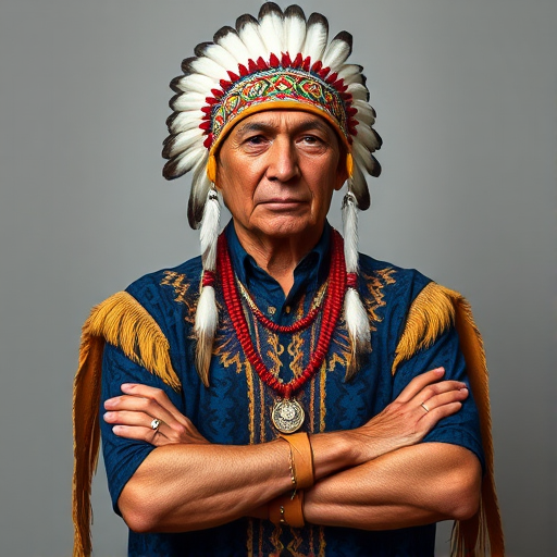 Create a dignified portrait of a Native American man dressed in traditional attire. He wears a beautifully crafted headdress adorned with white feathers and red beads, along with a beaded headband featuring intricate patterns. His clothing includes a deep blue, patterned shirt and a traditional chest piece with detailed beadwork. His arms are crossed, displaying leather armbands decorated with feathers. The background is simple and neutral, emphasizing his proud and stoic expression. The overall image captures the rich cultural heritage and strength of his persona.