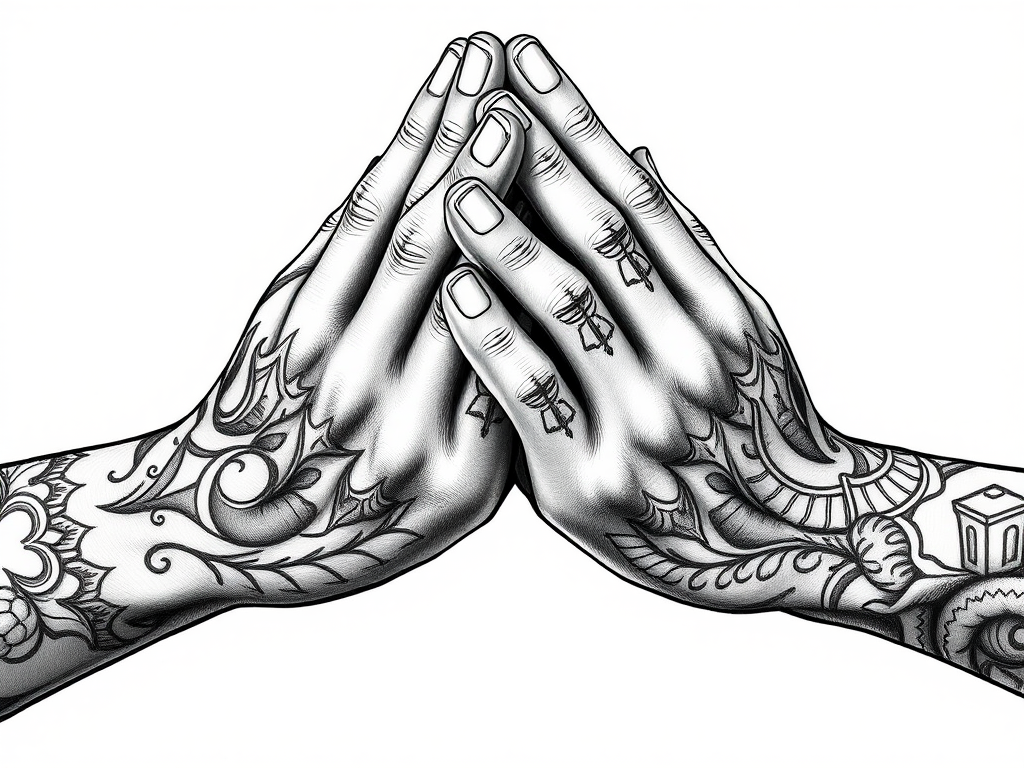 Create a detailed illustration of two hands pressed together in a prayer position with intricate tattoos, using a DSLR camera with a 50mm lens, f/1.8 aperture, ISO 100, natural light, and high dynamic range for enhanced quality.