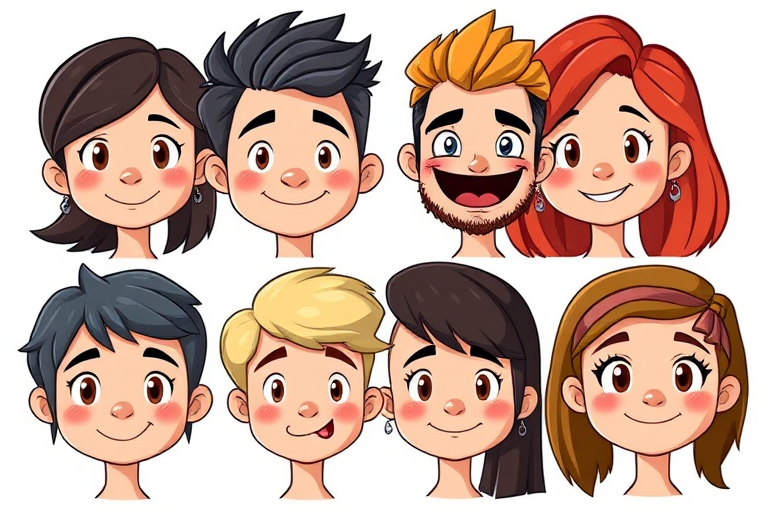 Generate a high-quality illustration of four cartoon-style faces arranged in a 2x2 grid, featuring diverse expressions and hairstyles, captured with a DSLR camera at f/2.8 aperture, 50mm focal length, natural lighting, and a shallow depth of field for a soft background blur.
