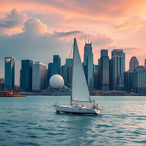 Generate a high-resolution image of a lively waterfront city skyline with a sailboat in the foreground, captured with a Canon EOS R5, 24-70mm lens, f/8 aperture, ISO 100, and a panoramic view.
