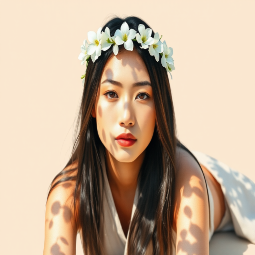 create a watercolor painting of an ethereal portrait of beautiful Tibetan woman with a simple white flower crown on her head. Her hair is long and she is lying on the ground. The sunlight on the trees casts shadows from the leaves on her face and body. The background is a neutral brown color that matches her skin tone. The image is minimalist and solid colors. This style is characterized by soft, delicate brushstrokes and a light, airy, contrasting color palette. High level of detail and play of light