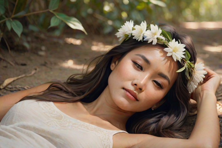 create a watercolor painting of an ethereal portrait of beautiful Tibetan woman with a simple white flower crown on her head. Her hair is long and she is lying on the ground. The sunlight on the trees casts shadows from the leaves on her face and body. The background is a neutral brown color that matches her skin tone. The image is minimalist and solid colors. This style is characterized by soft, delicate brushstrokes and a light, airy, contrasting color palette. High level of detail and play of light