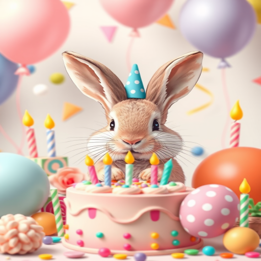 Create a high-quality illustration of a cute rabbit surrounded by colorful birthday elements like cake, balloons, and candles, using a soft pastel color palette; shot with a Canon EOS R, 50mm lens, f/2.8 aperture, ISO 100, in a bright and cheerful studio setting.