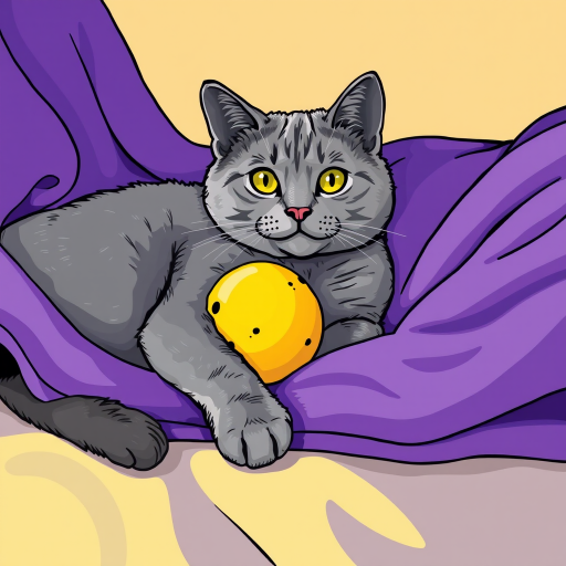 Generate a high-quality illustration of a gray cat lounging on a purple blanket with a yellow ball, focus on vibrant colors and smooth lines, use a digital drawing style, camera settings: ISO 100, aperture f/8, shutter speed 1/125s.