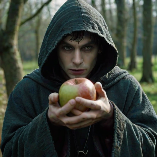 detailed edges, detailed image, perfection style, A cinematic detailed image of a creepy wicked person in a medieval costume holding an apple up in front of camera with creepy hand, movie themed, sharp, detailed background, epic cinematic photography, artistic style, dramatic light style, cinematic color style, Kodak 35mm film style, detailed style, hand focus style, solo, looking at viewer, 1boy, holding, male focus, food, hood, fingernails, fruit, holding food, realistic, apple, old, holding fruit, portrait