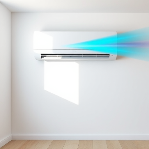 Create an image of a modern air conditioning unit installed in a corner of a minimalist room with a gentle blue airflow visible, using a DSLR camera, f/2.8 aperture, 1/60 shutter speed, 50mm lens, and natural lighting for enhanced clarity and detail.