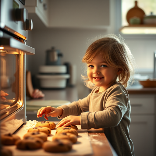 Warmly lit image of a child baking cookies in a kitchen, soft glow from the oven illuminating their face, flour dusted on the counter, the smell of warm vanilla and chocolate filling the air, and a sense of joyful anticipation.