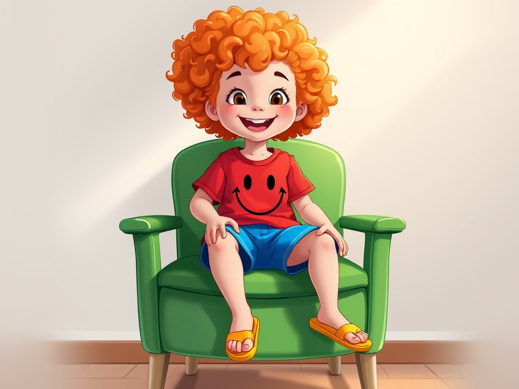 Create a high-resolution digital illustration of a cheerful young girl with curly orange hair sitting on a green chair, wearing a red smiley face t-shirt, blue shorts, and yellow sandals, soft lighting, 50mm lens, f/2.8 aperture, shot from a slightly low angle to emphasize her smile, using a digital drawing tablet.