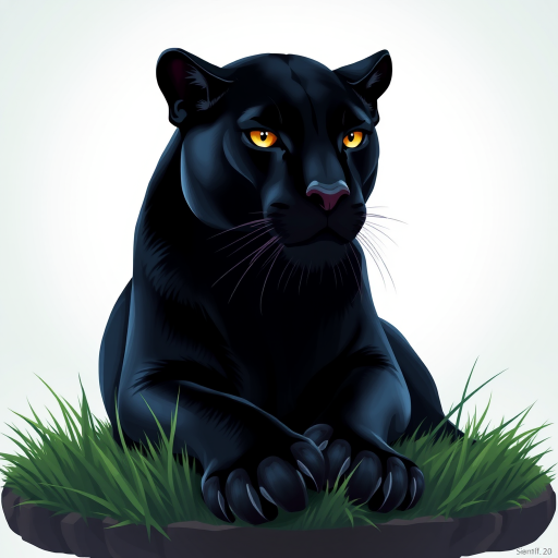 Create a high-resolution image of a sleek black panther in a stylized design, sitting gracefully on a circular patch of grass, using a digital painting style with soft gradients, captured from a low angle perspective with a 50mm lens at f/2.8 for a shallow depth of field, ensuring vibrant colors and sharp details.