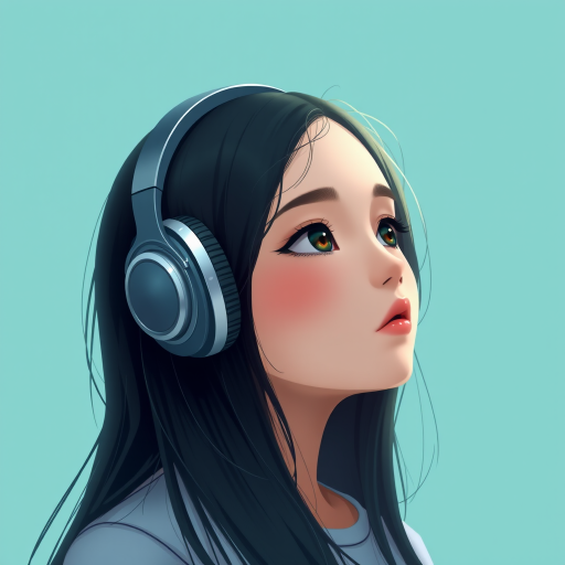 A digital artwork of a girl with long dark hair wearing oversized headphones, gazing thoughtfully to the side, in a soft teal background, shot with a high-resolution camera at f/1.8, ISO 100, 50mm lens, with soft lighting to enhance colors and details.