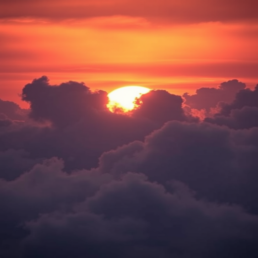 sunset behind clouds with vibrant orange and purple hues, captured at f/8 aperture, ISO 100, 1/100 sec shutter speed, shot with a DSLR camera from a low angle view, using a wide-angle lens for enhanced depth and clarity