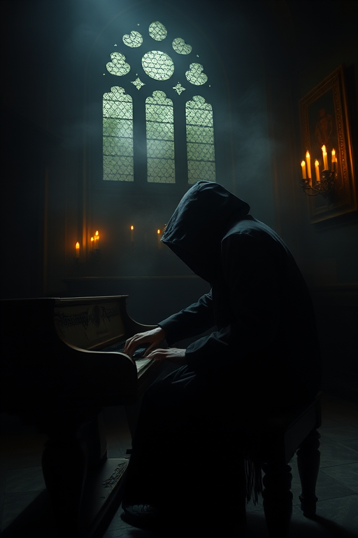 a hooded figure playing an ornate wooden piano in a dimly lit, gothic room with flickering candles and mist, soft focus, low angle view, 50mm lens, f/1.8, ISO 200, long exposure for ethereal glow