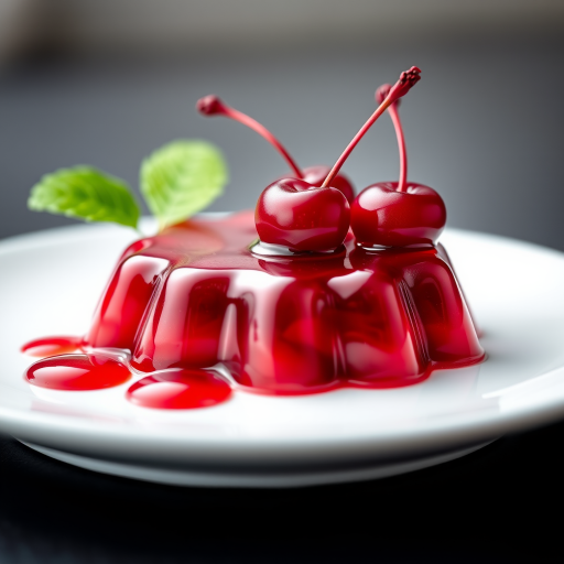 Create a high-resolution image of a decorative jelly dessert with three cherries on top, using a DSLR camera with a 50mm lens at f/2.8, ISO 100, and a shallow depth of field, shot from a slightly elevated angle on a clean white background for enhanced clarity and detail.