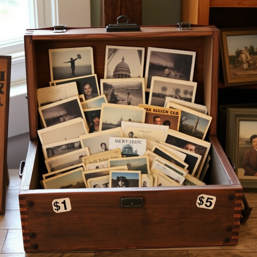 a rustic wooden box filled with various postcards and old photographs, with price tags of $1, $2, and $5 visible on the box, set in a softly lit environment